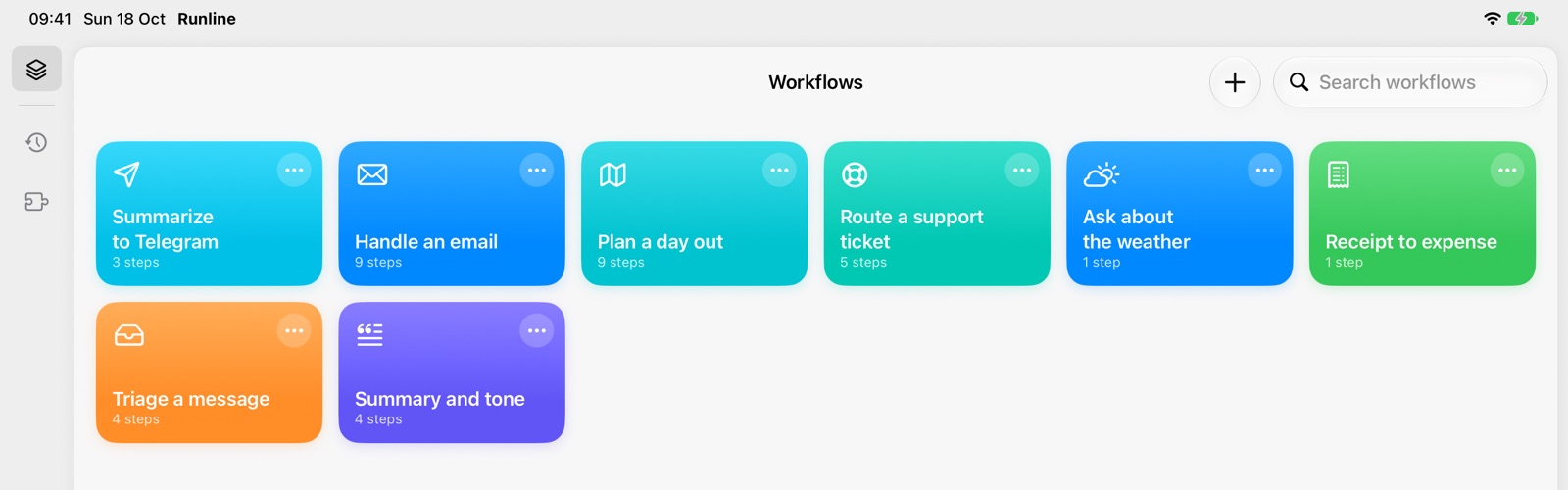 Los workflows de ejemplo en el iPad, cada uno con su color e icono
