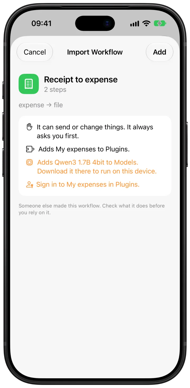 La vista previa al importar «Receipt to expense»: puede enviar cosas y pregunta antes, añade un plugin y un modelo MLX, y pide iniciar sesión