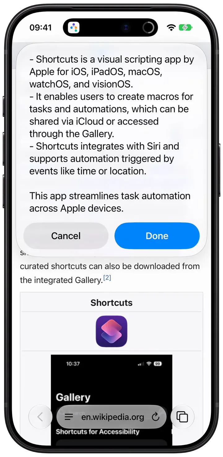 Un iPhone con el resumen en tres puntos de un artículo de Wikipedia sobre Atajos