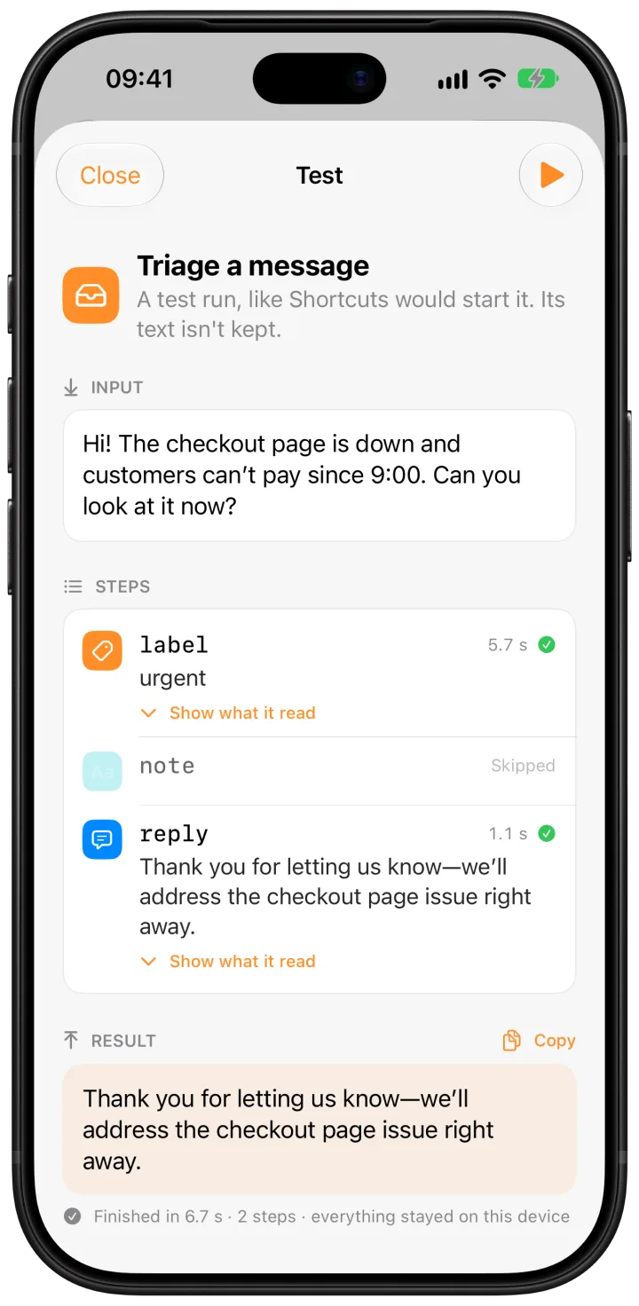 Un Test de «Triage a message»: el mensaje se clasifica como urgente y se escribe una respuesta